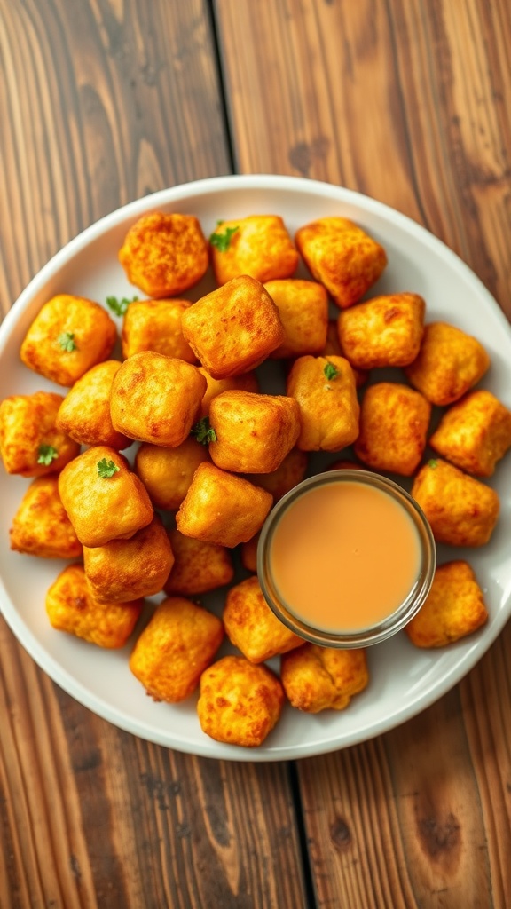 Crispy potato nuggets served with dipping sauce on a rustic wooden table.